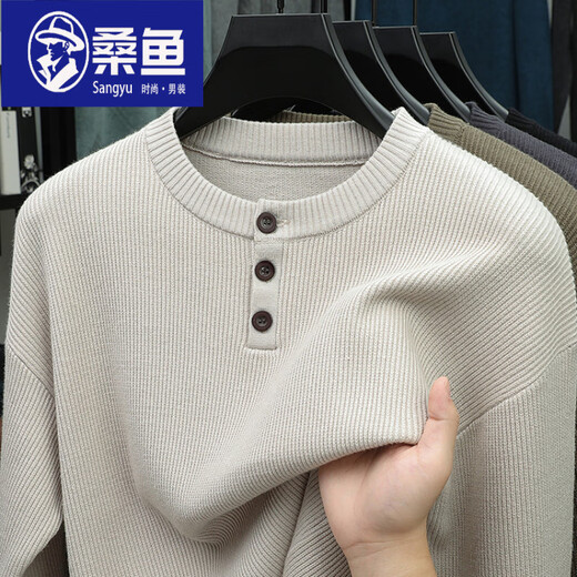 Sanyu Henry collar T-shirt men's long-sleeved spring and autumn new jacquard inner layering shirt three-button round neck men's sweater wool T khaki S 165/80A
