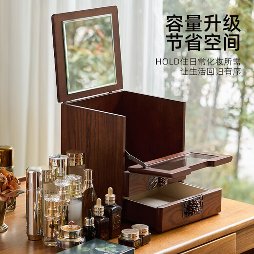 Nalandohao cosmetics storage box desktop dust-proof storage rack wooden lipstick artifact dressing table acrylic transparent storage box pine cone visual makeup box
