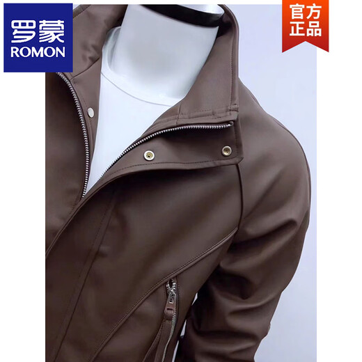 ROMON Korean style stand-up collar trendy brand handsome men's PU leather jacket, slim and versatile autumn and winter youth Douyin fashionable leather jacket, brown plus velvet S Weight (95-110) Jin Jin is equal to 0.5 kg