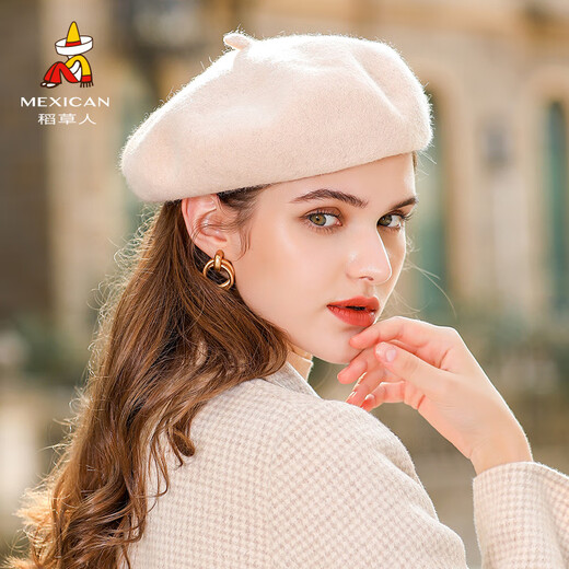 Scarecrow (MEXICAN) hat for women, autumn and winter British retro warm beret, fashionable and stylish octagonal hat, versatile and trendy, white_milk white, one size fits all