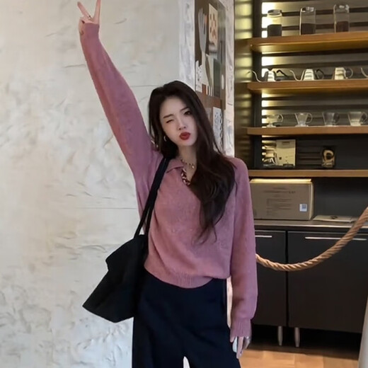 Su Yuwei Korean style pink polo collar sweater for women in autumn and winter, stunning and beautiful, soft and waxy sweater, loose inner lapel top, pink. Follow the store - free shipping insurance S (80-95Jin Jin is equal to 0.5kg)