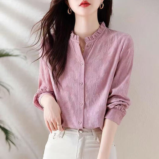 Lingyue long-sleeved shirt for women in autumn and winter new Korean style casual shirt plus velvet bottoming shirt with inner top for women pink (regular style) XL recommended 115-125Jin Jin equals 0.5 kg