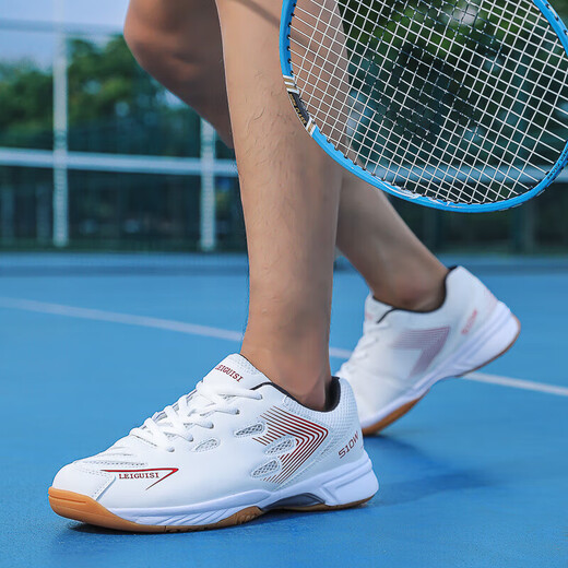 65z3 New Badminton Shoes Autumn Indoor Comfortable Double Net Sports Shoes Simple Thick Soled Lightweight Competition Shoes White Red 42