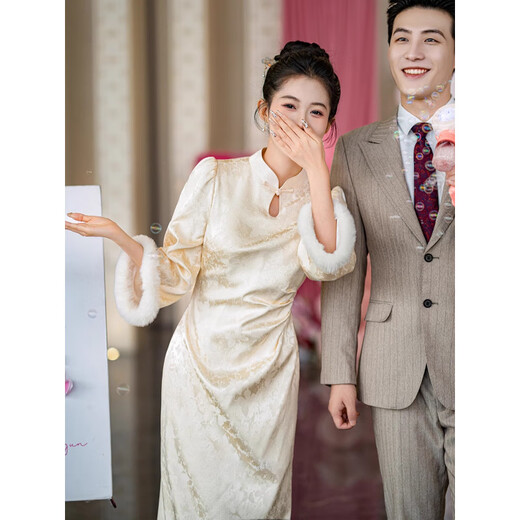 Jialong Mingxiu Plus Velvet Thickened New Chinese Style Cheongsam Autumn and Winter Bridal Dress Tang Suit Beige Velvet XL