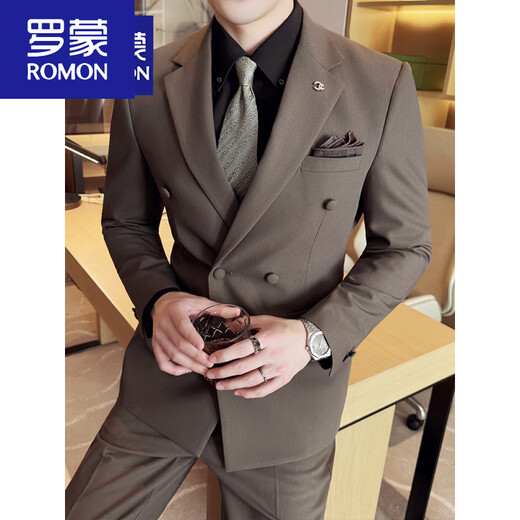 ROMON suit men's suit groom wedding dress British slim business formal suit double-breasted handsome trendy brown two-piece top + pants + shirt M 4895-105Jin Jin equals 0.5 kg to wear