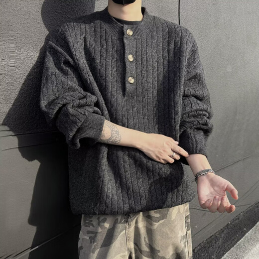 American retro knitted sweater for men in autumn and winter, twist pattern, Henry collar, lazy style, relaxed style, old money style sweater jacket, apricot M, recommended 80-100Jin Jin is equal to 0.5 kg