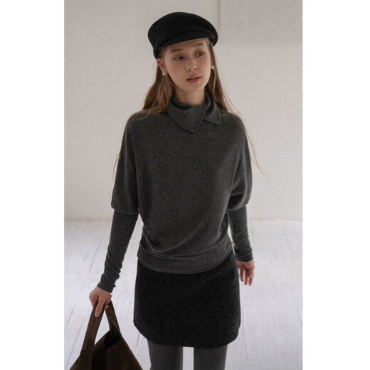 EGGKA French irregular lapel bat sleeve waist T-shirt autumn and winter temperament long-sleeved top E25A30175AF dark gray one size