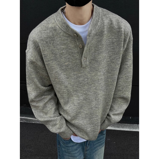 Wooden clear sense American Henry collar sweater men's autumn and winter cool and lazy old money style sweater sweater jacket floral gray M