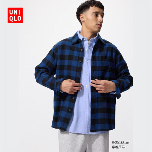 Uniqlo men's and women's flannel plaid shirt long-sleeved shirt thin jacket 25 autumn and winter 480772 65 royal blue L