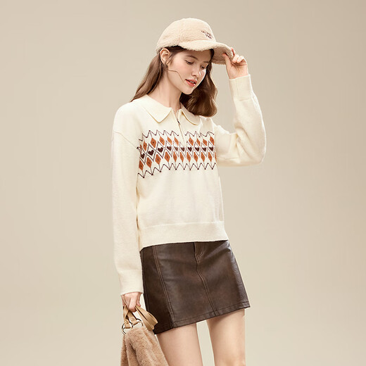 Betu women's 2025 winter new sweater half-zip Fair Isle jacquard design long-sleeved top for women 2510X12 light apricot M