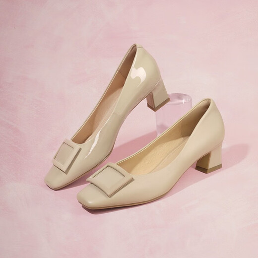 Belle square button high heel shoes for women's shopping mall same style single shoes B1344CQ3 sheepskin-apricot color 37 (235mm)