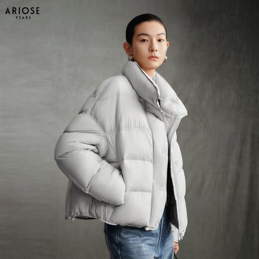 Ainos Estee Shopping Mall Same Style 2025 Winter New White Duck Down Stand Collar Hem Drawstring Down Jacket Women 41030098 Sea Salt Gray S