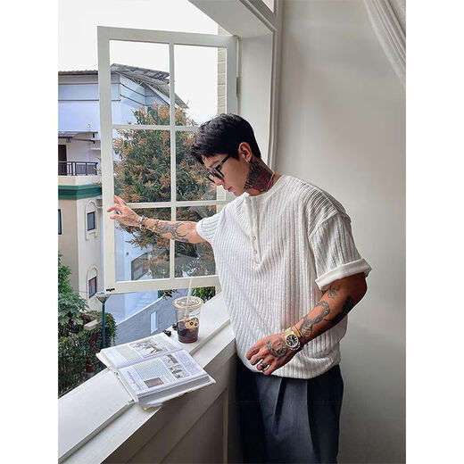 Old money style ice silk henley collar short-sleeved men's summer American retro polo shirt-like knitted T-shirt half-sleeved white upgraded model S S recommended 85-105Jin Jin equals 0.5 kg