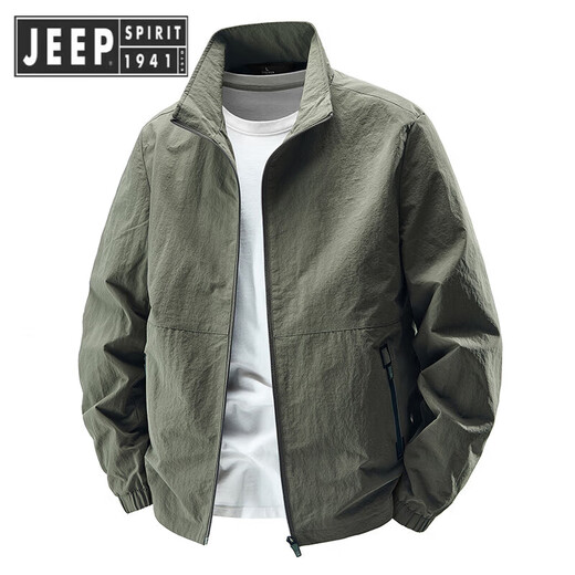 JEEP SPIRIT Jeep High-end Stand Collar Men's Jacket 2025 Autumn and Winter Plus Velvet Windbreaker Winter Casual Top Jacket Men's Military Green Jacket (Single Side) XL Size 130-145Jin Jin is equal to about 0.5 kg
