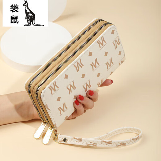 袋鼠（KANGAROO）钱包女长款2024新款欧美时尚大容量双拉链手机包女印花手拿包 米白色双拉