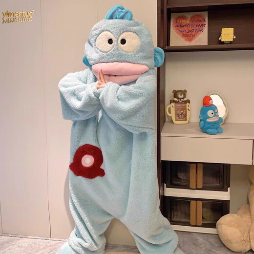 YIMENGTO Yimen Camel Ugly Fish Pajamas Funny One-piece Couple Pajamas for Men and Women Winter Plus Velvet Thickened Coral Velvet Cartoon Home Clothes Ugly Fish One-piece Pajamas + Shoes XL Recommended Height 175-185 Weight 160-180