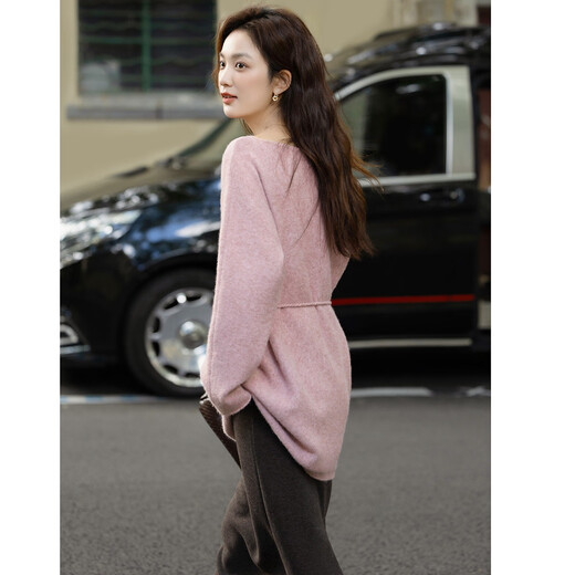 Demana sheep wool autumn style one-line neck sweater adjustable acrylic bead belt sweater top