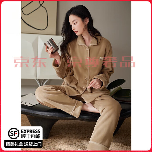 FENTENGG anti-static flannel couple pajamas for women winter warm thickened coral velvet men's home wear set 64305 warm coffee-female M