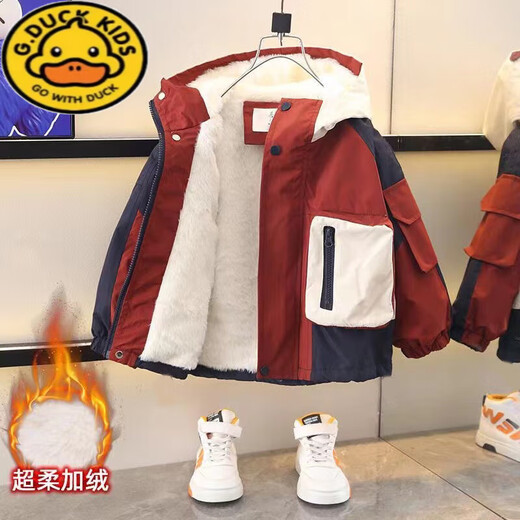 G.DUCKKIDS Boys Korean Style Jacket Plus Velvet Thickened Jacket Spring Autumn Winter 2025 New Trendy Baby Pie Jacket Cotton Jacket Red Spliced Cotton Jacket 130 Recommended height 120 cm