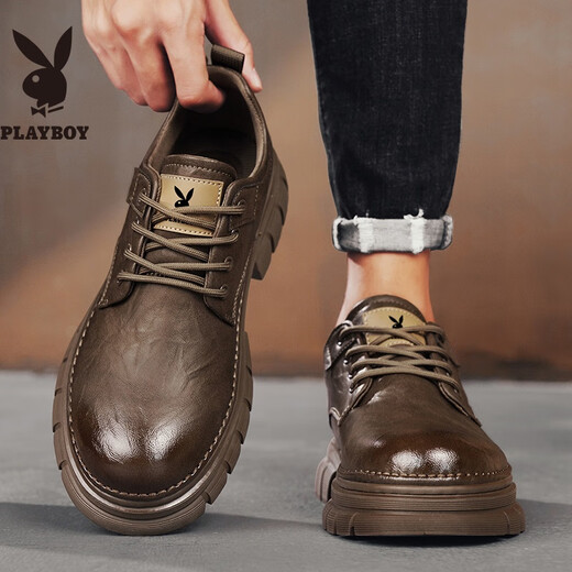 PLAYBOY Leather Shoes Men's 2025 Autumn Business Casual Shoes Soft Sole British Formal Shoes Low-top Work Shoes Brown 42