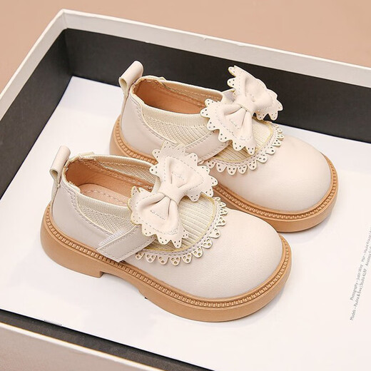 Bombshell Girls' Small Leather Shoes Princess Shoes 2026 Four Seasons New British Style Versatile Soft Soled Children's Shoes for Performance and School Wear Single Shoes Bow-Off-White Size 32 Inner Length 19.6cm