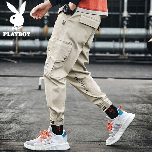 Playboy (PLAYBOY) overalls men's autumn and winter pants men's loose casual pants men's trendy leggings men's pants light khaki XL