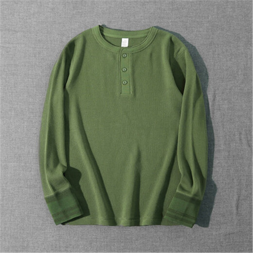 FOG RETRO Hong Kong light luxury trendy brand heavyweight pure cotton waffle long-sleeved T-shirt men's spring and autumn Henry shirt collar sweatshirt bottoming shirt olive green S 95-115Jin Jin equals 0.5 kg