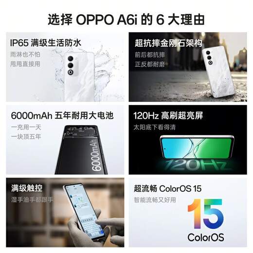 OPPO A6i 6GB+128GB Midnight Black IP65 Life Waterproof Super Anti-fall Diamond Structure 6000mAh Durable Battery 5G Smartphone National Subsidy