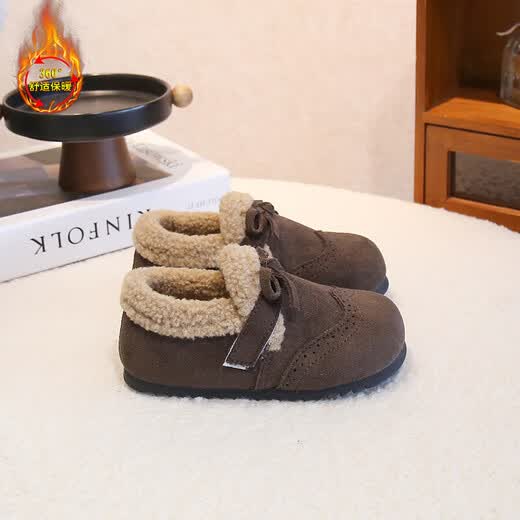 Girls' Birkenstock shoes, autumn and winter plus fleece shoes, 2025 new children's leather shoes, winter big children's cotton shoes, warm soft-soled winter shoes, coffee color, size 28, inner length 17.7cm