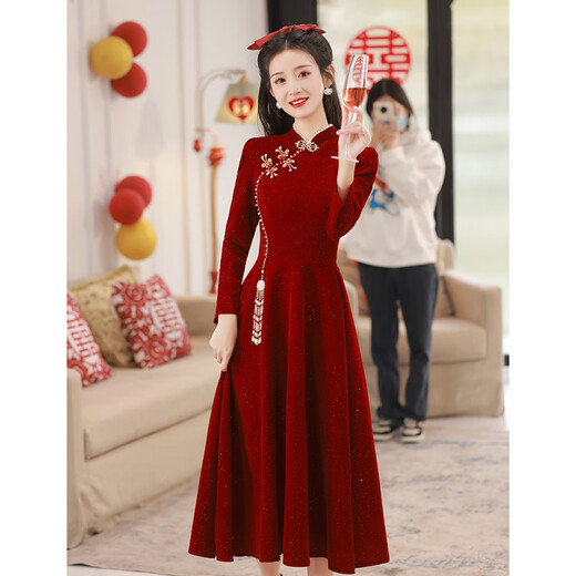 Jialong Mingxiu Cheongsam Toast Wear 2025 Autumn and Winter Bride Small Return Wedding Casual Wear Burgundy Engagement Dress for Women Burgundy M