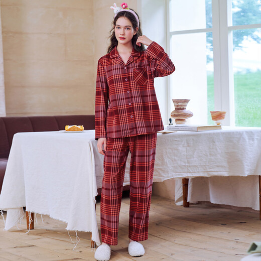 American Standard Autumn and Winter New Long Sleeve Couples Pure Cotton Pajamas Set Women Can Wear Casual Plaid Soft Cotton Home Clothes Men Twilight Blue (brushed cotton) 3XL