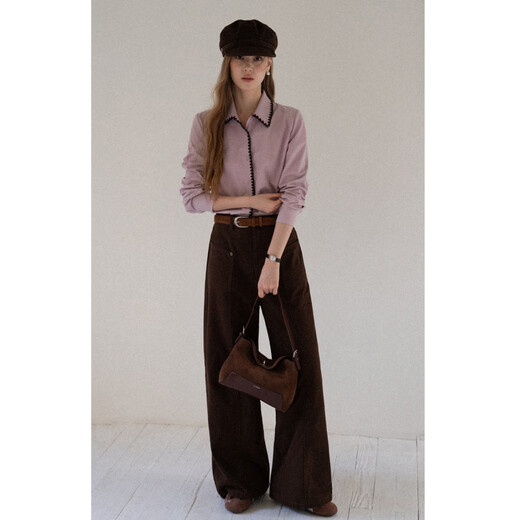 EGGKA contrasting edge gray pink lapel long-sleeved shirt temperament slim commuter casual top E25A60137AF gray pink M