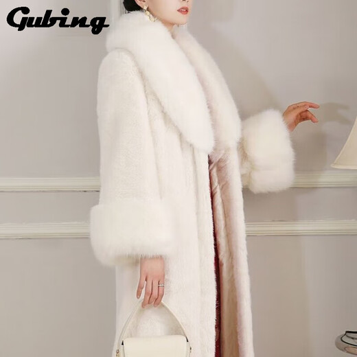 Gu Bing imitation mink imitation fur coat women's mid-length coat young style ladylike fur plush eco-friendly fur white large fur collar M