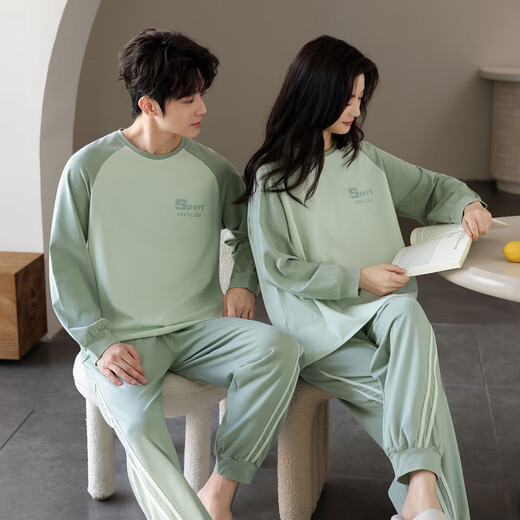 COVER ORANGE pure cotton couple pajamas for women spring and autumn round neck casual loose winter men's home clothes can be worn outside the suit Green