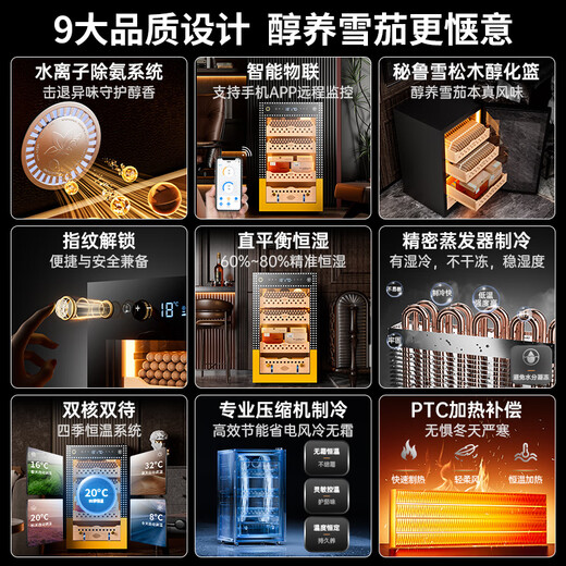 CIGARLOONG 70C cigar cabinet with constant temperature and humidity, ammonia removal and alcohol cultivation, WiFi remote control, Spanish cedar wood compressor, fingerprint lock, office home cigar cabinet, constant temperature and humidity control, cigar cultivation, classic cigar basket, Cuban style