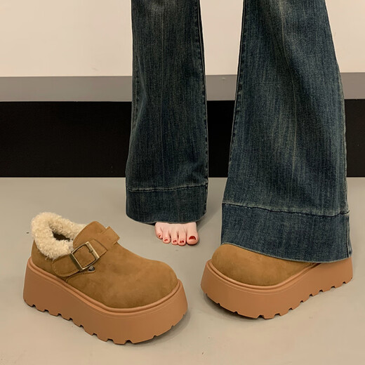 Woodpecker Thick Sole Heightened Birkenstock Women's Snow Boots 2025 New Autumn and Winter Velvet Bread Shoes Warm Northeast Large Cotton Shoes Yellow Brown 38 (240mm)