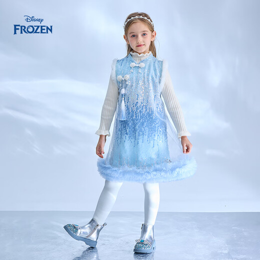 Disney Frozen Elsa Girls Autumn and Winter New Children's Clothes Sleeveless Style Warm Dress Blue One Size 150cm