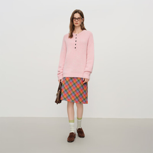 Fanslan half-carded Henry collar alpaca sweater for women 2025 winter new style minimalist loose stand-up collar top 4154 smoke pink L