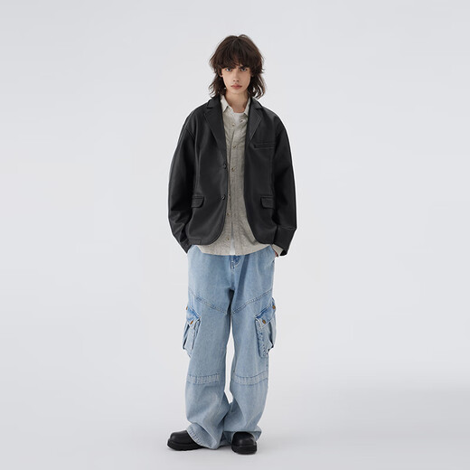 EWIGGESTRIGEN E3 short retro leather suit jacket loose black motorcycle jacket designer exclusive black L