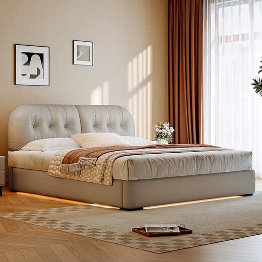 Winter Bear Toffee Cloud Bed Ultra-Thin Bedside Leather Puff Cream Style Double Master Bedroom High Box Storage Translation Bed Imported Cowhide Bed/Full Solid Wood Beech Rib Frame 1800mm*2000mm-Translation Storage Structure
