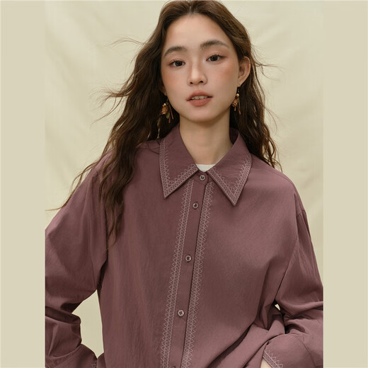 Giordano designer retro embroidered matte drape loose crisp volumetric shirt women's long sleeves 18345831 04 red bean paste M