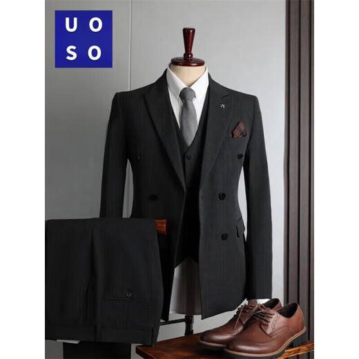 UOSO men's suit suit men's British style double-breasted business casual suit three-piece suit groom's slim formal suit a medium gray two-piece suit (suit + pants) XXS custom size optional matching remarks