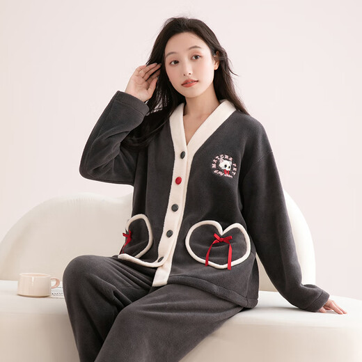 Fenton Pajamas Women's Anti-static Thickened Double-sided Velvet 25th Autumn and Winter New V-neck Cardigan Women's Warm Home Clothing Set