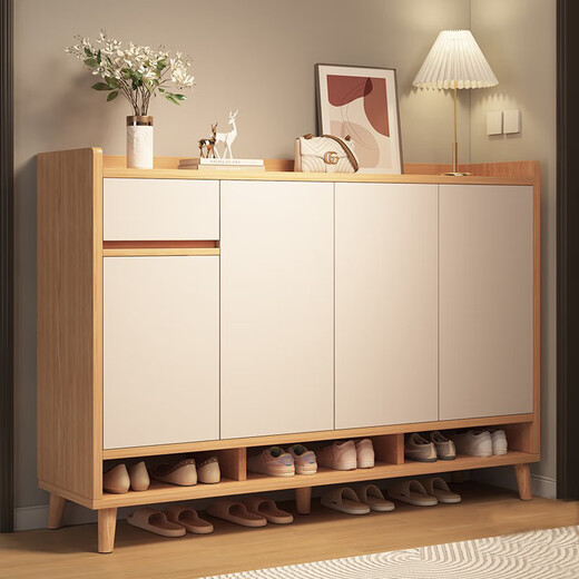 Solid wood shoe cabinet door entry cabinet shoe rack home door multi-layer household shoe storage integrated wall entrance cabinet pastoral oak color 90*32*100cm (thick density board)