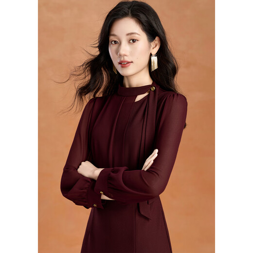 Kebel light luxury high-end dress women's 2025 new autumn and winter temperament waist slimming long-sleeved slit mid-length skirt L