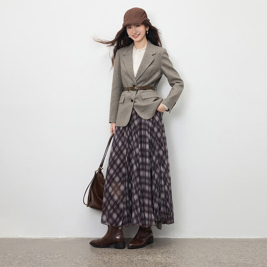 Shandubila sheep wool tailored suit for women winter flat lapel shoulder pad small suit belt slim herringbone business jacket