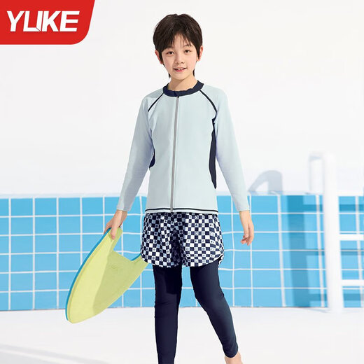Children's swimsuit boys 2025 new long-sleeved sun protection split swimsuit for teenagers and older boys swimming fog gray blue 150 5XL size recommended height 16f
