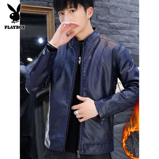 Playboy brand Haining leather jacket men's slim Korean version autumn and winter velvet thickened motorcycle quality soft leather jacket youth jacket trend A8961 black velvet L 105-120Jin Jin equals 0.5 kg