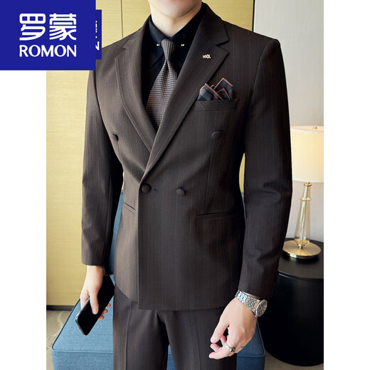 ROMON double-breasted suit men's business professional formal fit groom wedding suit fashionable British navy blue three-piece suit + vest + pants shirt 7XL 64205-220Jin Jin equals 0.5 kg to wear