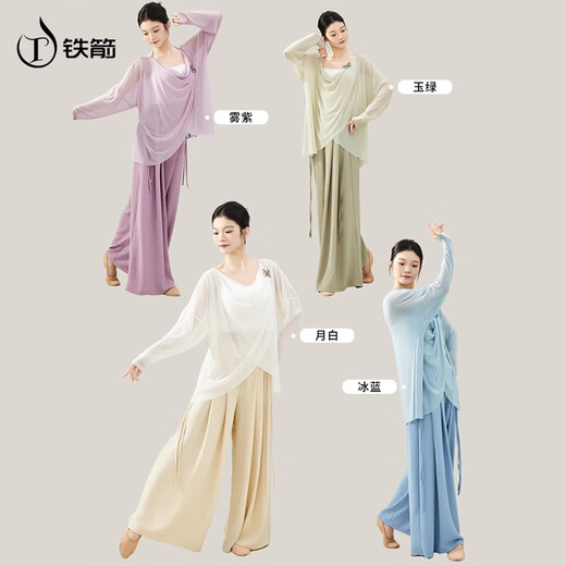 TIEJIAN Dance Wear Women's Classical Elegant Loose Mesh Shape Practice Chinese Long Sleeve Adult Dance Top Moon White M